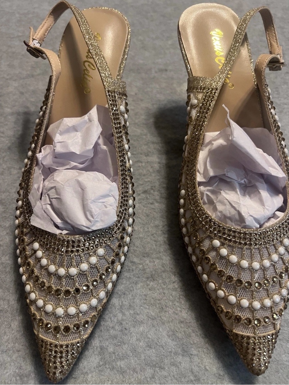 VENUS Gold Beaded Pointed Slingback Mules